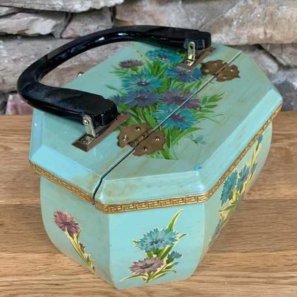 VTG Wood Decoupage Purse Floral 60s 70s Pearlized Handle Felt Lined - Picture 6 of 12